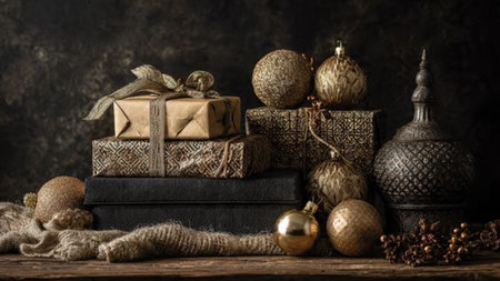 A perfectly balanced holiday display combining dark matte textures with glowing gold details.の写真素材