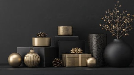 A stylish matte-black frame decorated with gold stars and high-end wrapped gifts.の写真素材