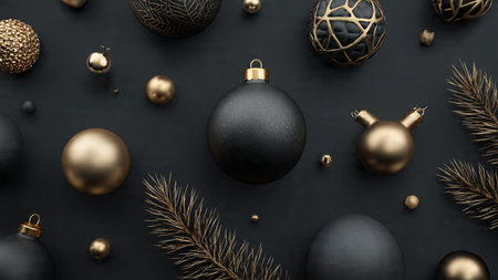 A satin-black background displaying polished gold ornaments in a refined layout.の写真素材