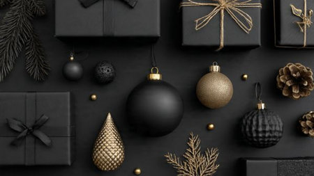 A timeless matte-black holiday design decorated with antique gold ornaments.の写真素材