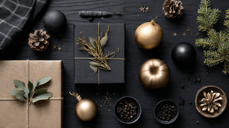Matte-black gift boxes wrapped in elegant gold ribbons form a luxurious holiday display.の写真素材