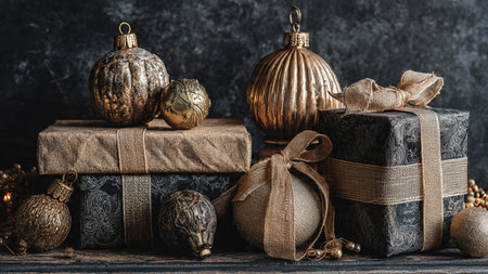 High-end black gift wrapping accented with glowing gold foil details.の写真素材