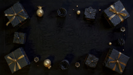 Elegant festive design featuring soft gold glows on dark textures.の写真素材