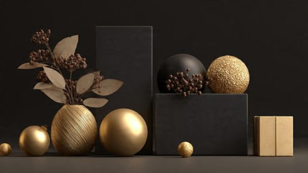 A prestige-level seasonal display in black and gold featuring premium styled gifts.の写真素材