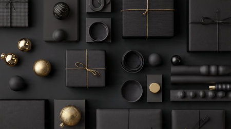 Delicate touches of gold highlight a modern matte-black seasonal layout.の写真素材