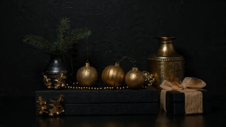 Crisp gold snowflakes presented over velvet-like matte black.の写真素材