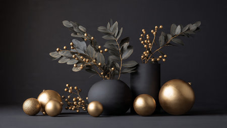 A matte-black layout dusted softly with shining gold elements.の写真素材