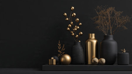 Elegant pure-gold stars form a balanced holiday frame against a deep black background.の写真素材