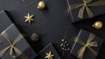 A luxury arrangement of pure-gold ornaments displayed across a smooth black canvas.の写真素材