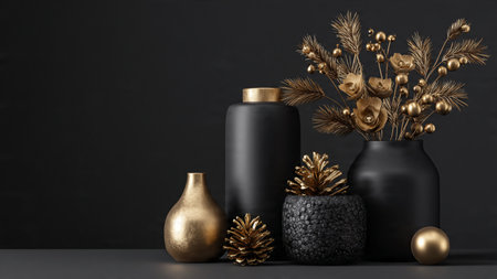 A striking contrast between matte-black surfaces and vibrant pure-gold accents.の写真素材