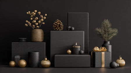 Glittering gold stars arranged across a matte-black display.の写真素材