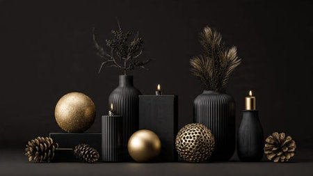 A matte-black holiday background dusted subtly with shimmering gold snowflakes.の写真素材