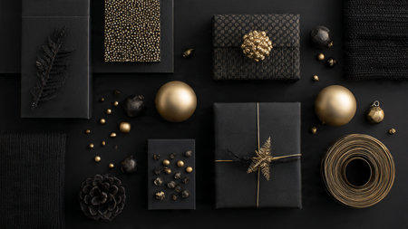 A luxury frame of black gift boxes layered with pure-gold ribbon and ornaments.の写真素材