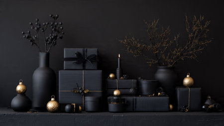 A high-end holiday mockup blending matte-black textures with glowing gold details.の写真素材