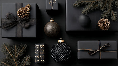 A gentle gold glow enhances a refined matte-black holiday setup.の写真素材