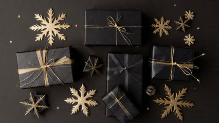 A minimalistic holiday composition featuring pure-gold ornaments on deep-black tones.の写真素材