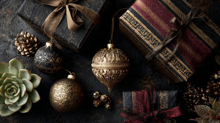 Lustrous gold highlights illuminate minimalist black holiday dの写真素材