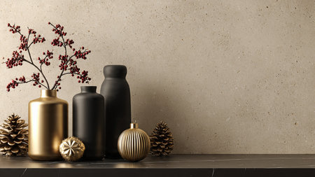 A deluxe seasonal frame featuring matte-black composition and bright pure-gold festive touches.の写真素材