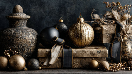 Delicate gold overlays enhance a beautifully balanced matte-black seasonal background.の写真素材