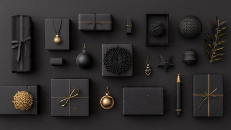 Frosted matte-black textures decorated with polished gold festive details.の写真素材