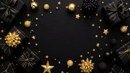 Gold metallic snowflakes framed against rich black textures.の写真素材