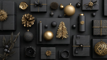 A modern and elegant matte-black holiday concept enriched with radiant gold details.の写真素材