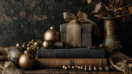 A high-end tabletop display featuring artisan gold ornaments on black.の写真素材