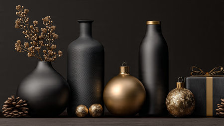 A sculptural arrangement of gold ornaments on a matte-black creative background.の写真素材