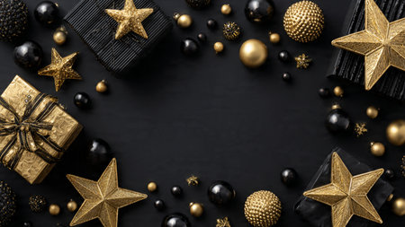 A lush holiday composition built around black elegance and gold brilliance.の写真素材