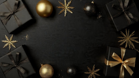 Pure, modern matte-black holiday styling with premium gold highlights.の写真素材