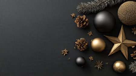 Luxury black gift boxes adorned with pure-gold ribbons arranged in a premium seasonal composition.の写真素材