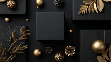 A sleek, ultra-luxury festive arrangement featuring matte-black components and gold metallic highlights.の写真素材