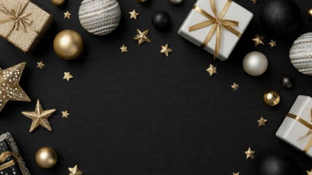 A clean top-view arrangement featuring pure-gold stars on a deep matte-black surface.の写真素材