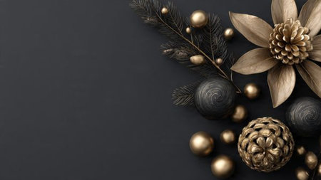 A refined Christmas look using metallic gold offsets against dark matte finishes.の写真素材
