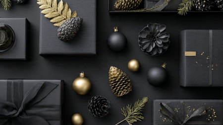 A clustered arrangement of gold ornaments set against a modern black base.の写真素材