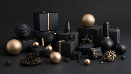 An atmospheric black holiday setup with bright gold lighting details.の写真素材