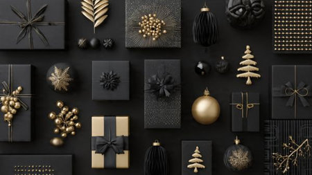 Matte-black gift boxes paired with gleaming gold ribbons for a rich seasonal presentation.の写真素材