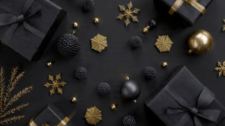 A stylish metallic gold layout presented on a dark matte-black festive base.の写真素材