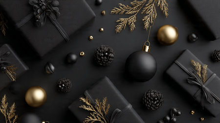 A contemporary snowflake design featuring pure-gold pieces on black.の写真素材