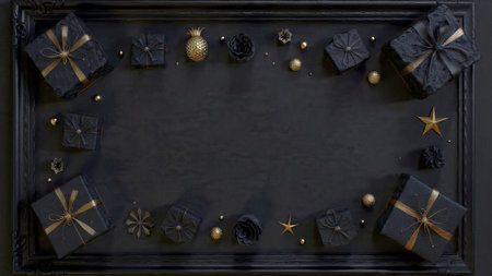 A velvety black background paired with radiant gold ornaments and upscale gift boxes creates a sophisticated holiday display.の写真素材