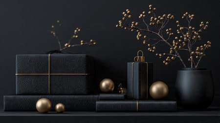 Soft gold highlights whisper across a deep matte-black festive backdrop.の写真素材