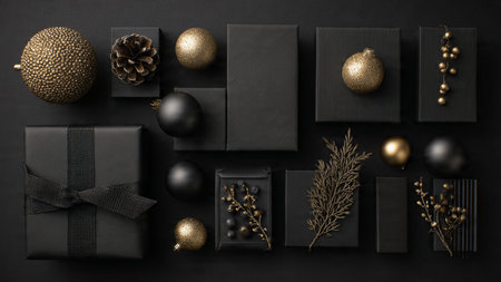 An atmospheric black holiday setup with bright gold lighting details.の写真素材