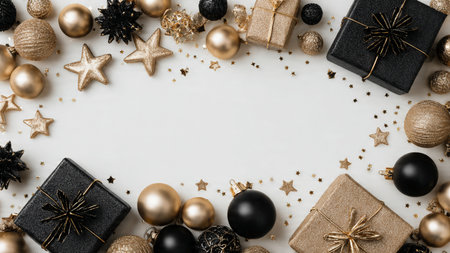 Shimmering gold snowflakes displayed beautifully on a textured matte-black backdrop.の写真素材