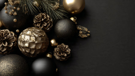 A velvet-textured black background featuring premium gold ornaments in an elegant seasonal composition.の写真素材