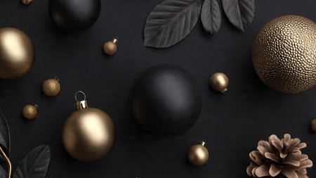 Black gift boxes topped with shining gold ribbons arranged in classy formation.の写真素材