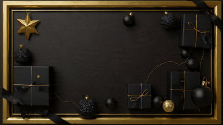 A high-contrast mockup pairing black matte surfaces with glowing gold dの写真素材