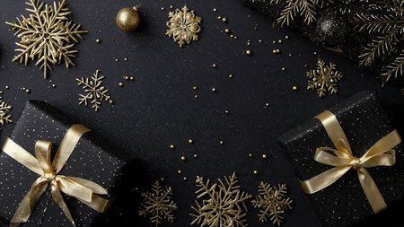 A glowing pure-gold centerpiece contrasted against a black holiday background.の写真素材
