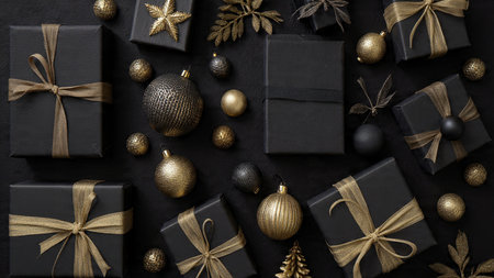 Onyx-black tones paired with pure-gold decorations for a richly textured holiday scene.の写真素材