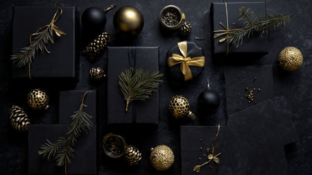 Clean, minimal gold ornaments arranged on matte-black textures.の写真素材