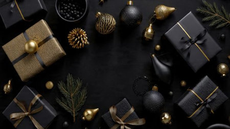 Fine gold decorative lines laid over a minimalist matte-black background.の写真素材